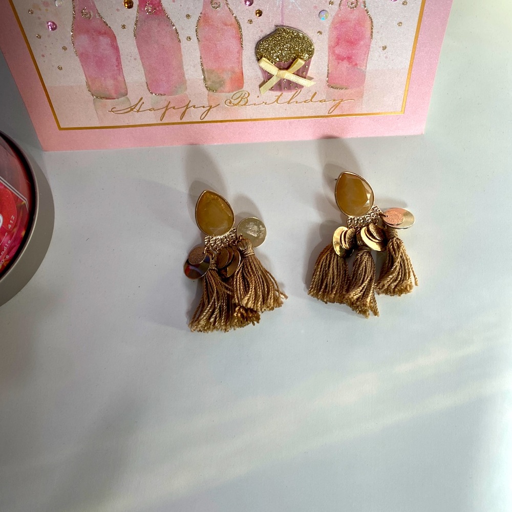 Beautiful tan and gold tassel earrings.